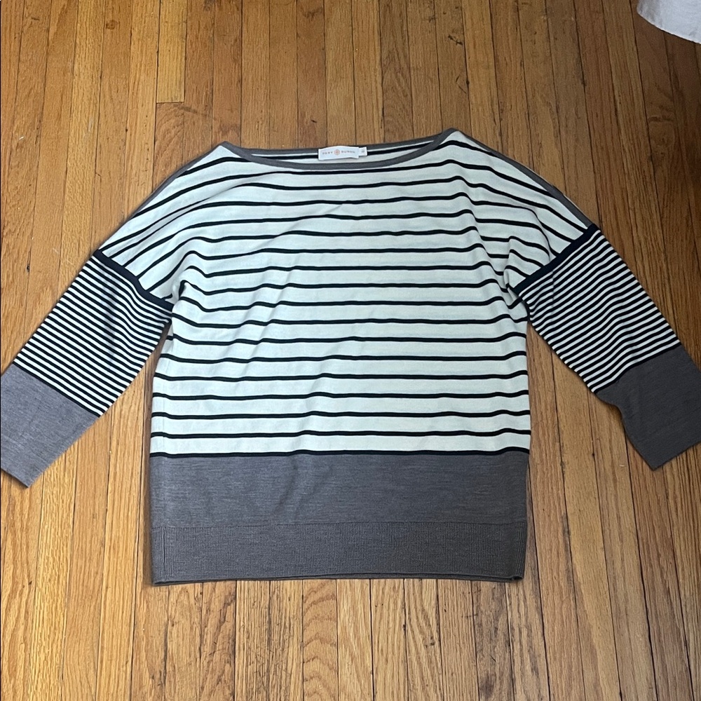Tory Burch Black, Brown and White Striped Sweater